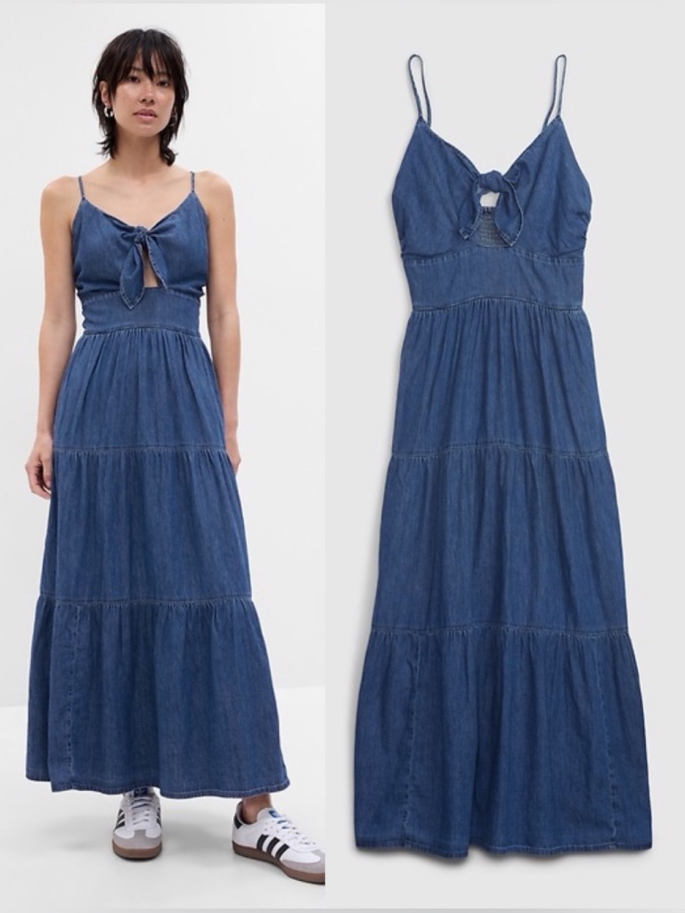 Gap Tie-Front Tiered Denim Jean chambray summer vacation Maxi Dress small